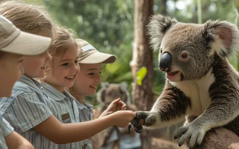 primary school students interacting with koalas, primary school transport, August 2024, Australia