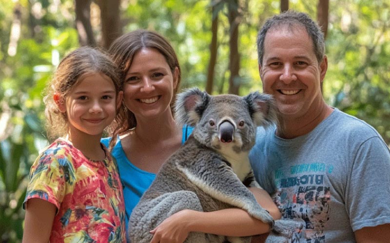 family posing at Lone Pine Koala Sanctuary, Brisbane holiday trip, September 2024, Australia