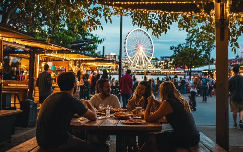 friends eating at the South Bank Christmas Markets, Brisbane foods, September 2024, Australia