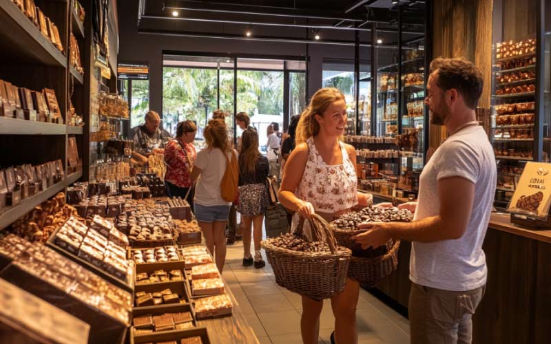 people shopping at the Noosa Chocolate Factory, holiday season, September 2024, Australia