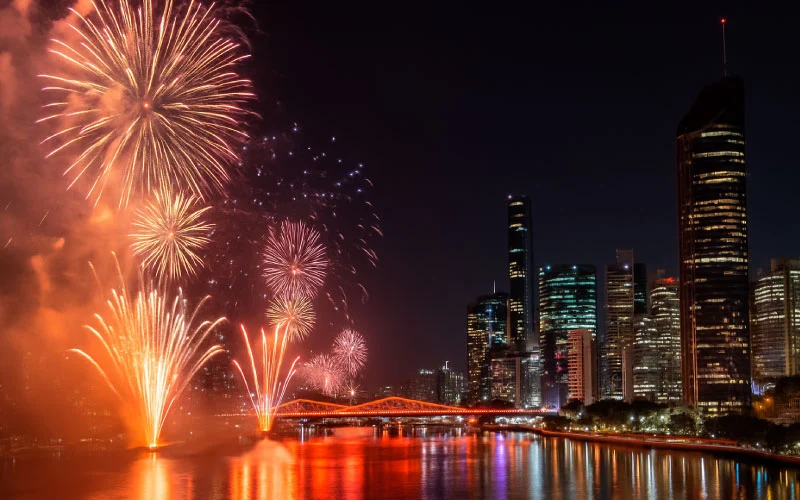 Riverfire fireworks over Brisbane River with city skyline in the background – Capturing the festival’s iconic opening night with bright explosions and reflections.