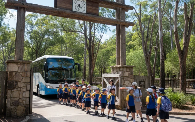 School group arriving by coach at Lone Pine Koala Sanctuary in Brisbane.