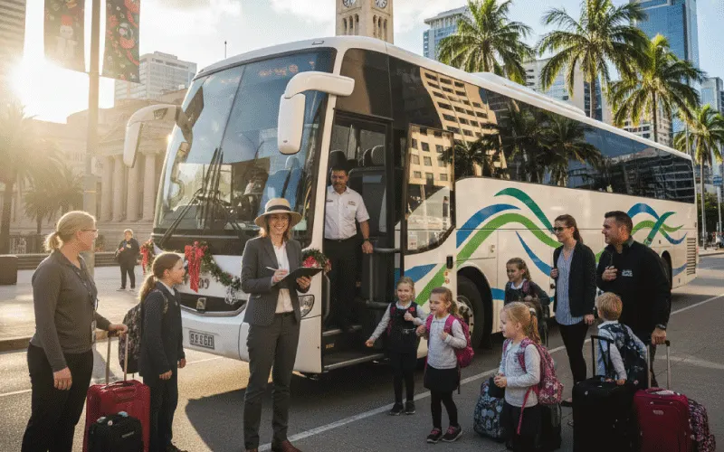 Teacher coordinating a coach bus holiday schedule with Brisbane Coaches before departure