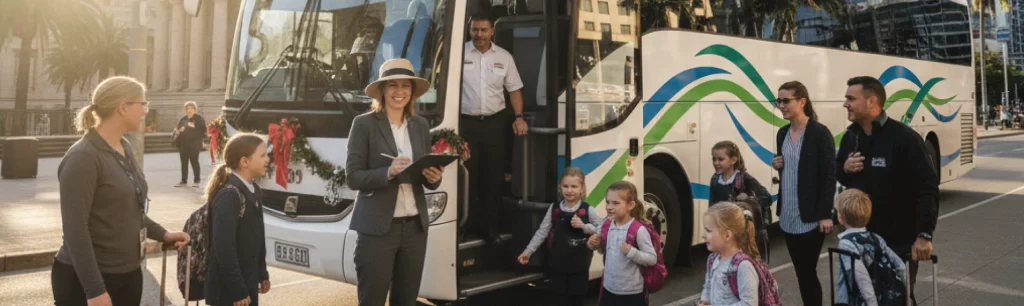 Teacher coordinating a coach bus holiday schedule with Brisbane Coaches before departure. coach bus holiday schedule Brisbane