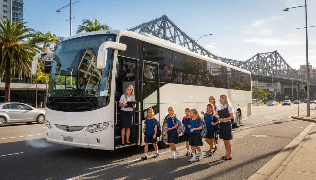 School excursion bus departing Brisbane for an educational day trip in South East Queensland.